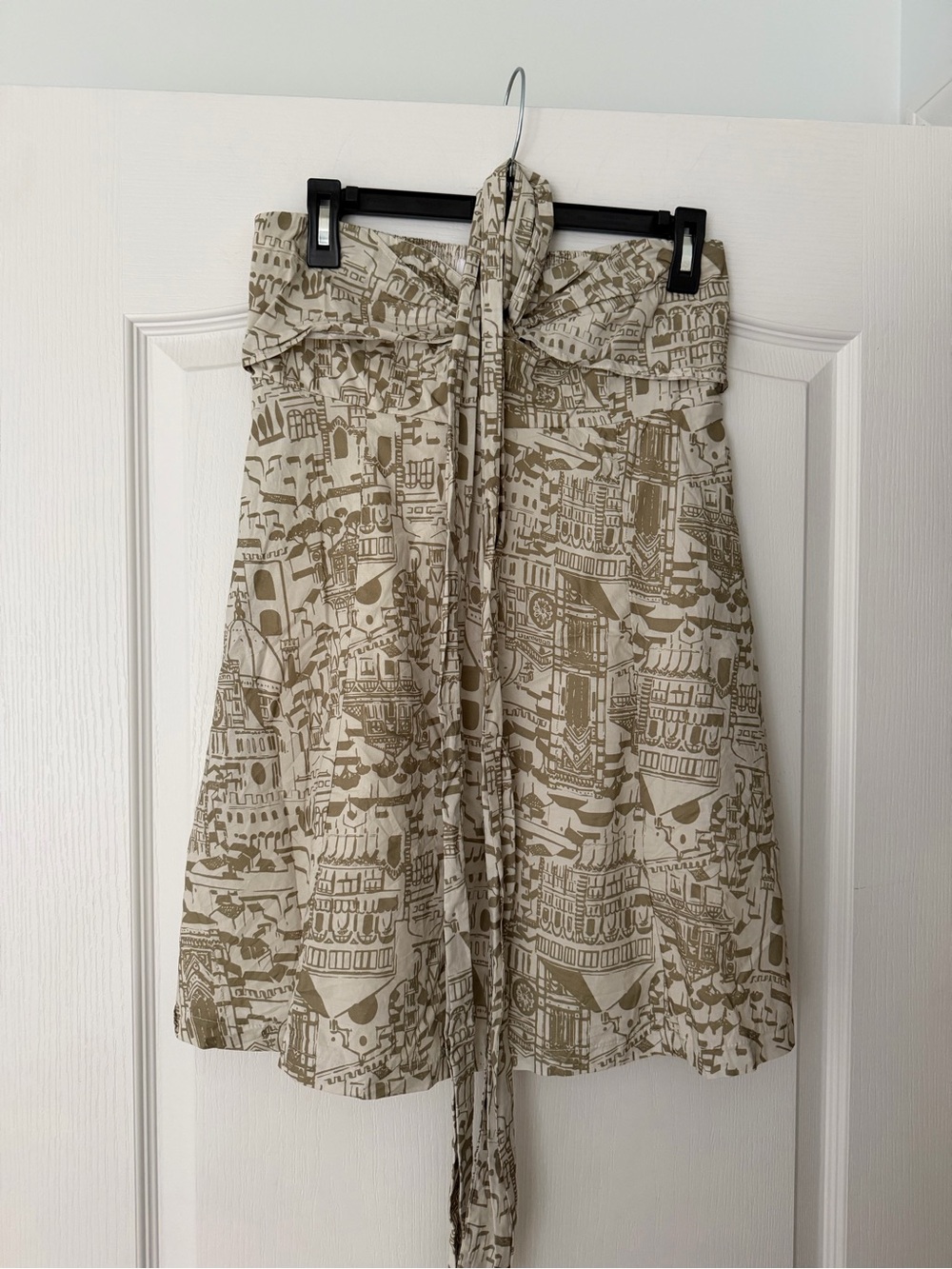 Beige Green Print Mini Dress Halter Tie
